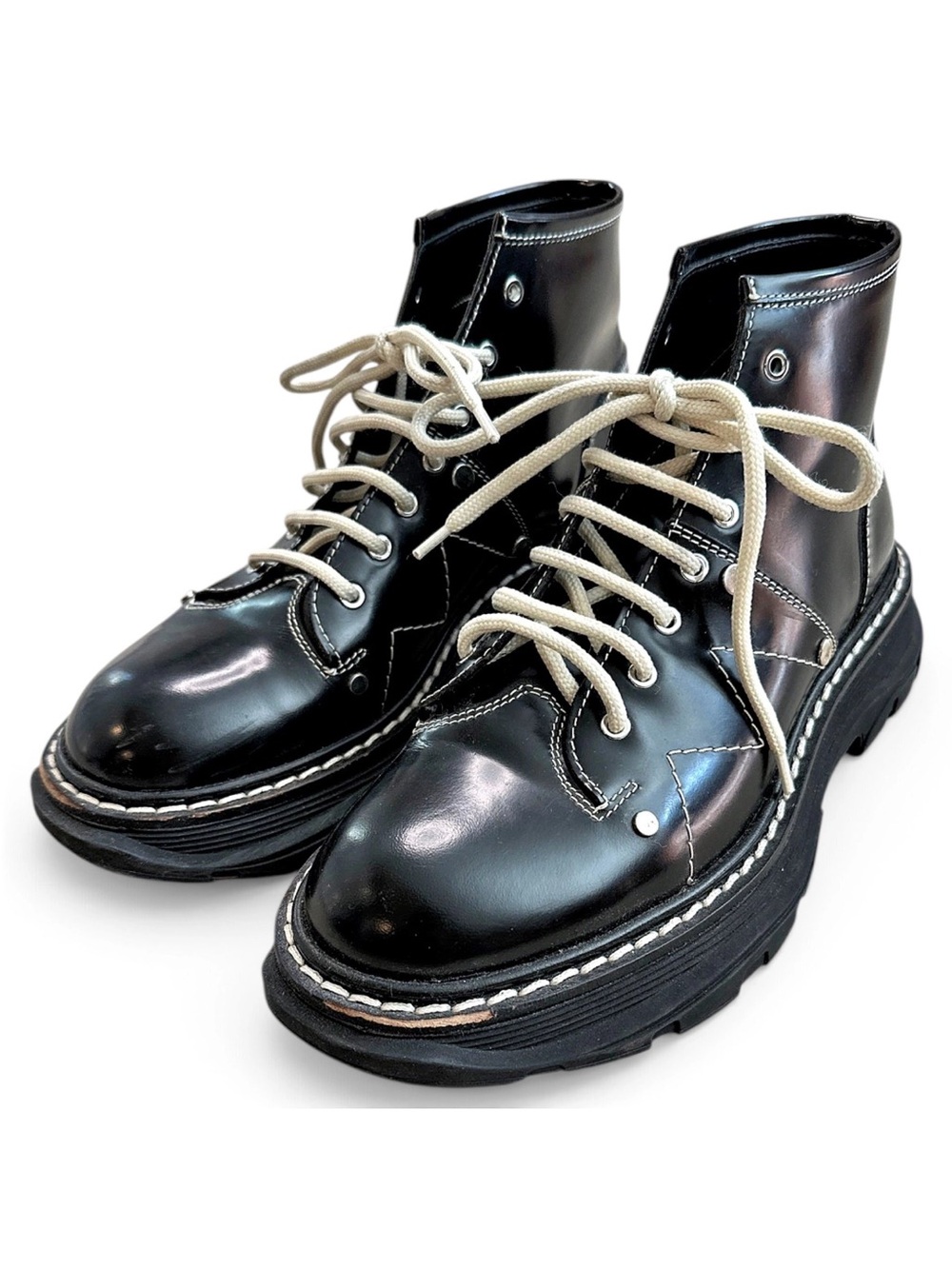 Alexander McQueen Black Leather Lace-Up Platform Boots with Cream Laces
